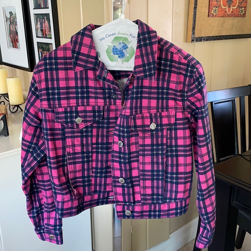 Topshop Moto Pink Plaid Crop Denim Jacket Size 0